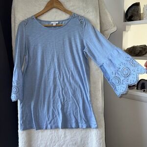 J Jill Shirt S Blue Eyelet Crochet Bell Sleeve Embroidery Boho Tunic‎ Top Beachy